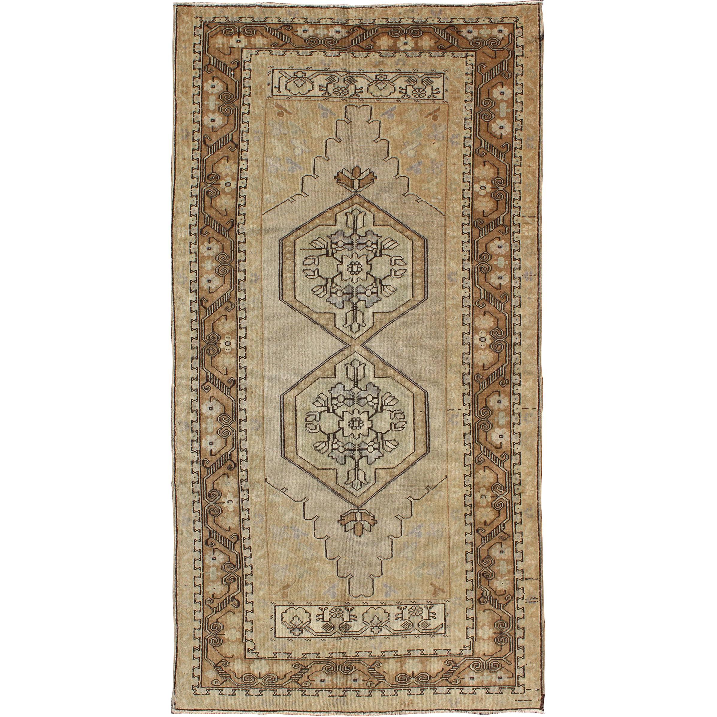 Vintage Turkish Oushak Carpet with Multi-Layered Diamond Medallions in Taupe For Sale