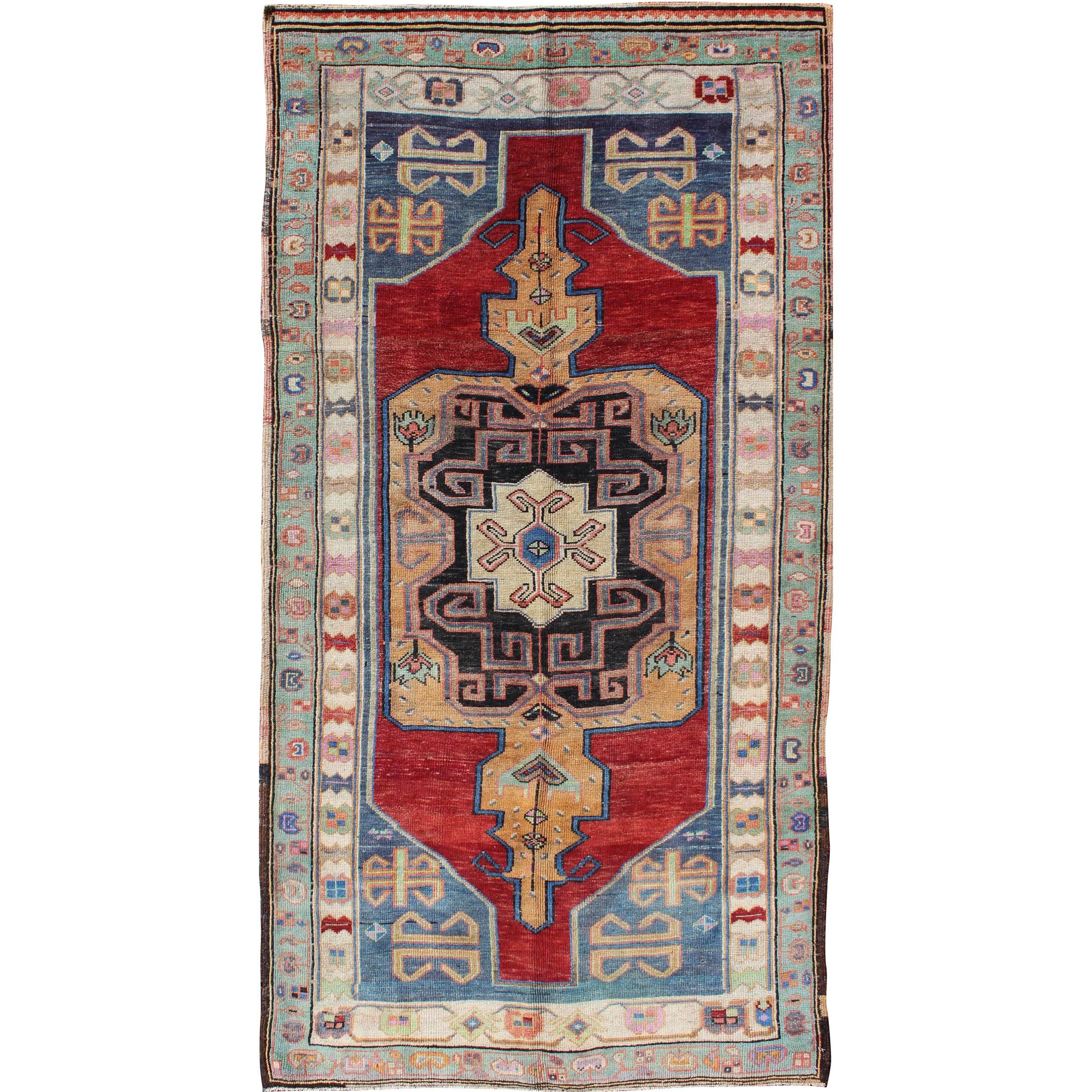 Beautiful Turkish Oushak Rug with Unique Colors and Geometric Design