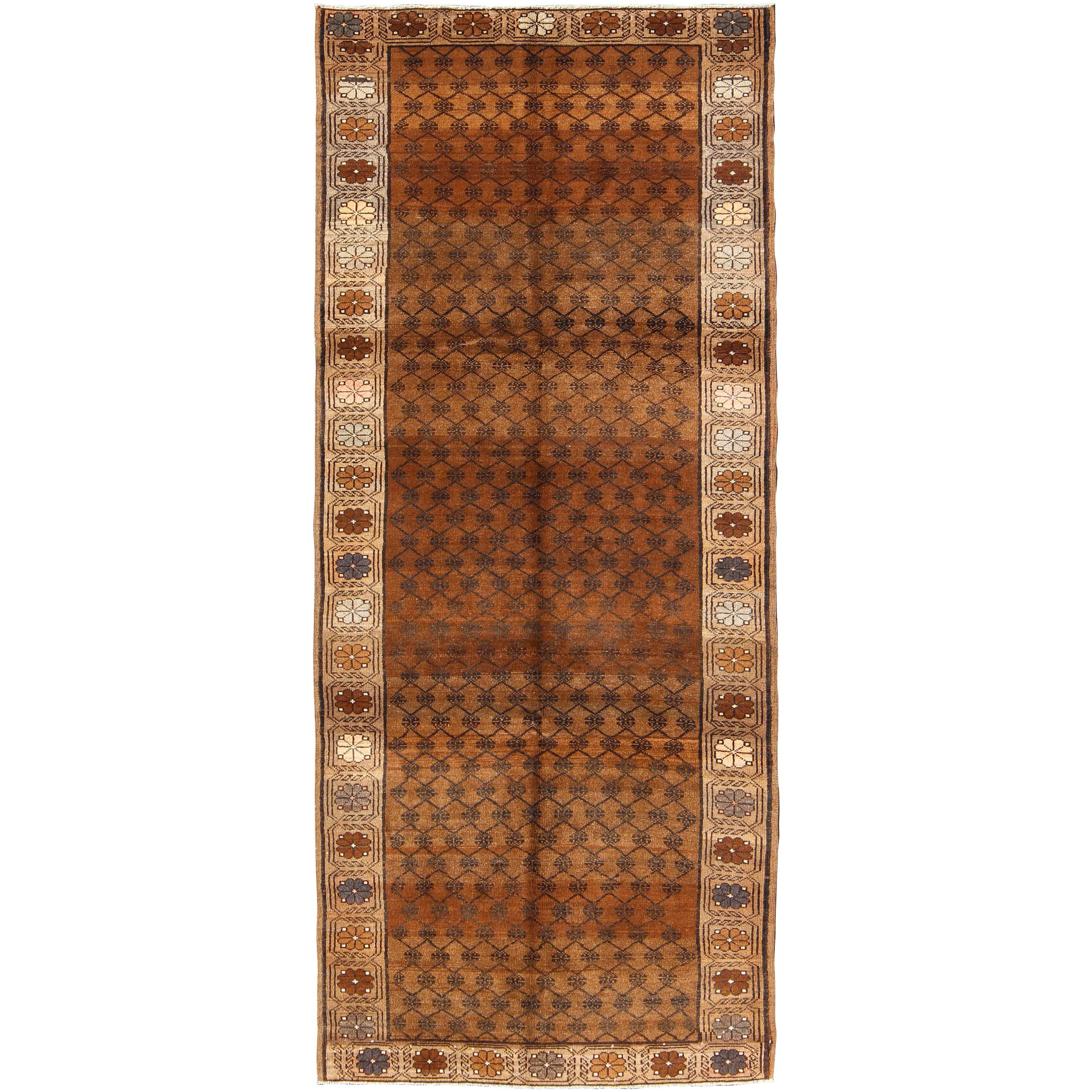Vintage Turkish Kars Tribal Rug with All-Over Modern Design in Brown Colors