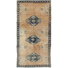 Vintage Turkish Oushak Rug with Floral Medallions in Cream and Blue