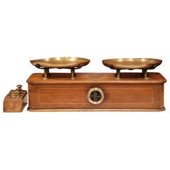 19th Century French Napoleon III Walnut Scale with Brass Plates and Weights Set