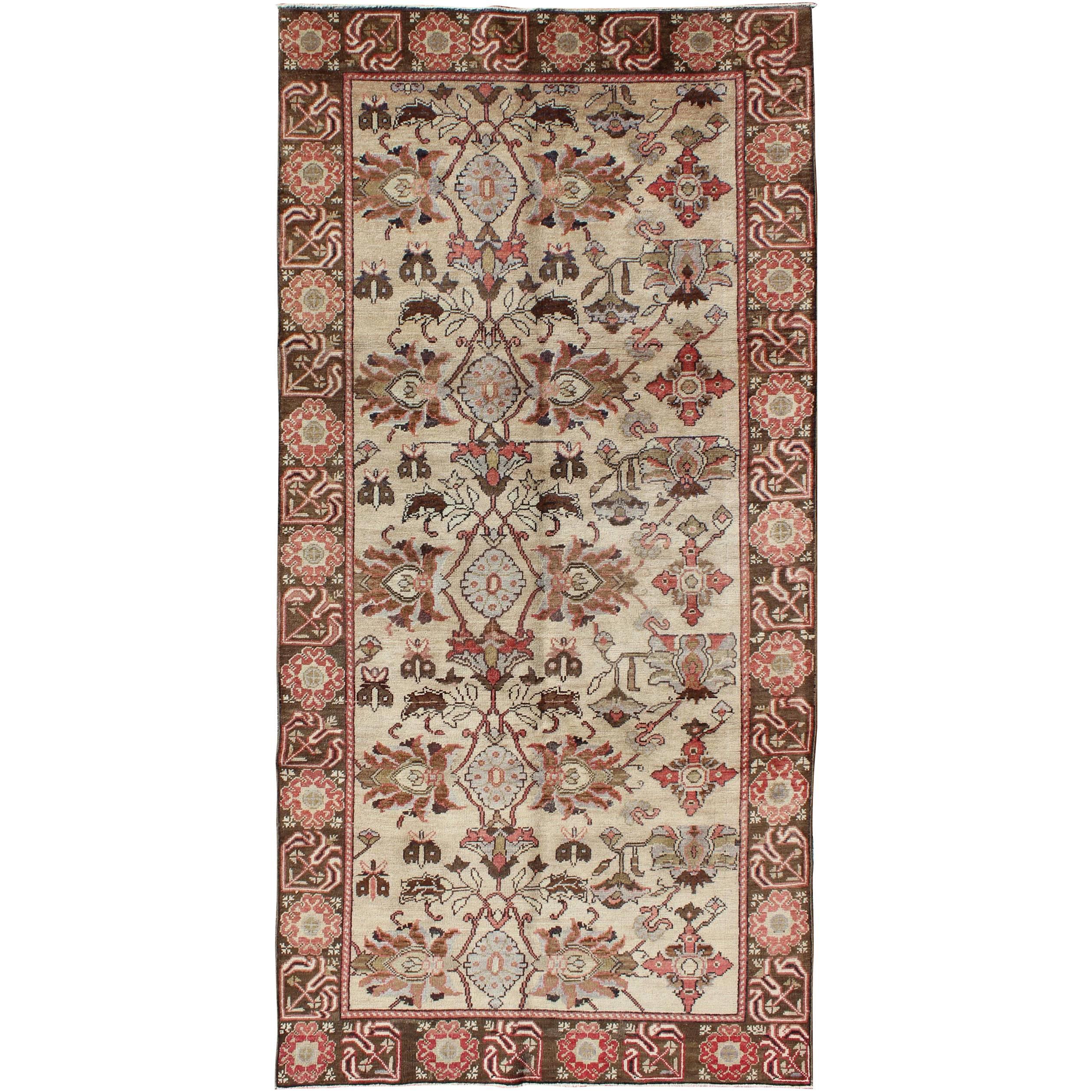Vintage Oushak Rug from Turkey with All-Over Floral Design in Ivory, Brown & Red