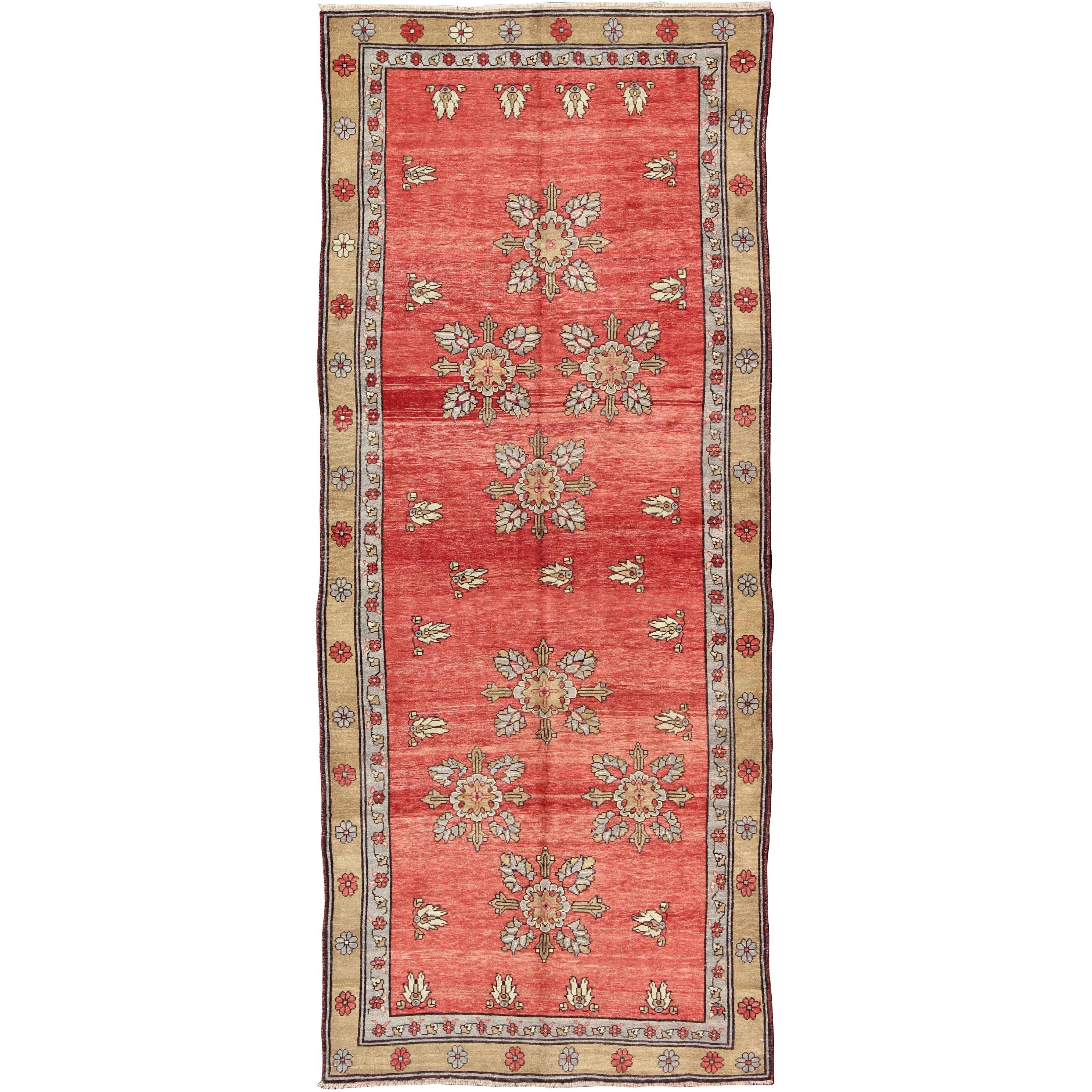 Vintage Turkish Oushak Carpet with Flowers in the Central Field and Borders