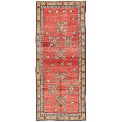 Retro Turkish Oushak Carpet with Flowers in the Central Field and Borders