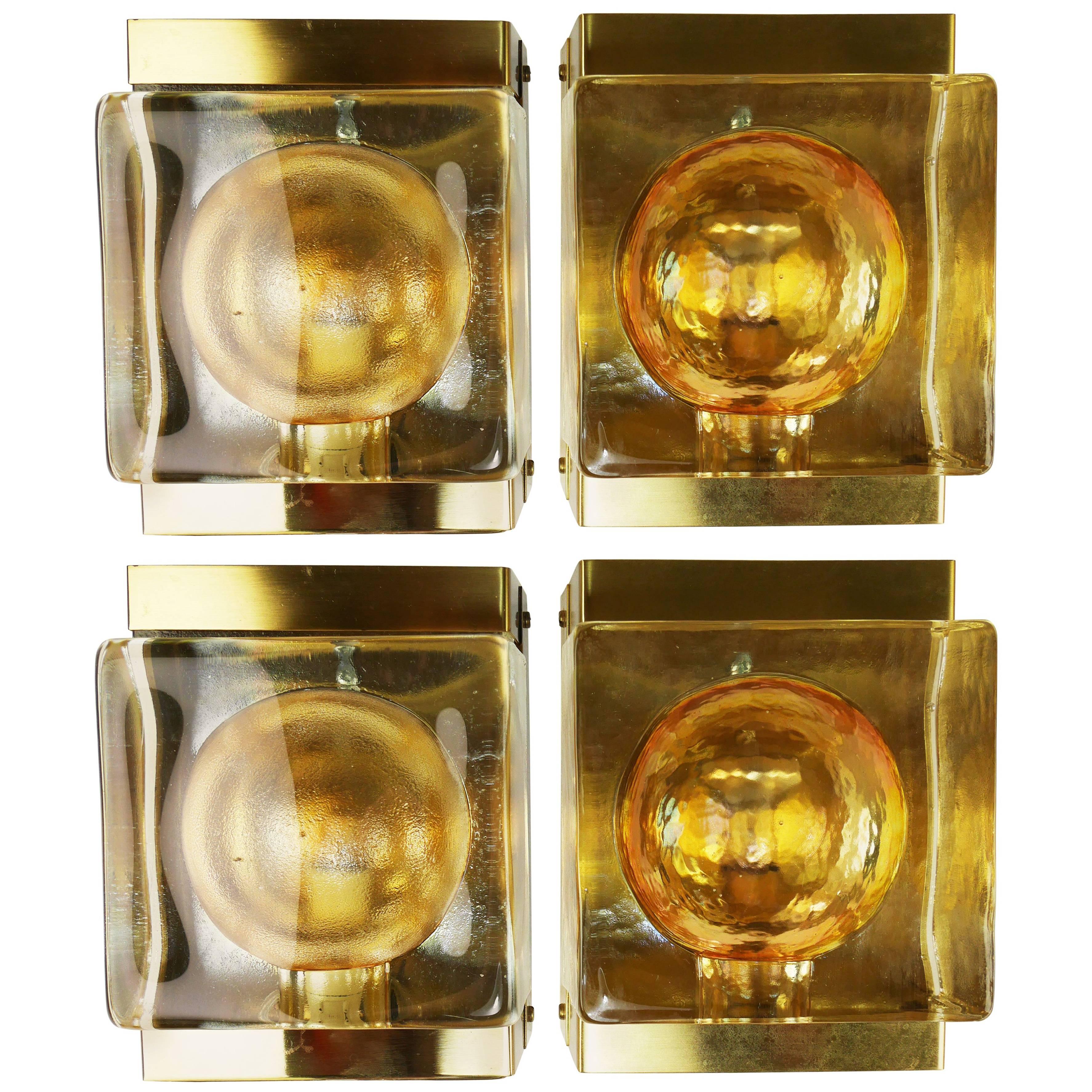 Vitrika Danish Modern Maritim Solid Glass and Brass Wall Lights, 1960s