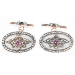 August Hollming Workmaster for Faberge Guilloche Enamel Gold Diamond Cuff Links