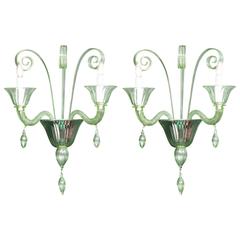 Pair of Mid-Century Green Murano Glass Sconces in the Manner of Venini 6