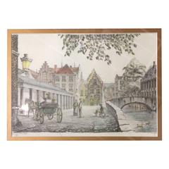 Late 1900s Lithograph Numbered and Signed Lithograph of a Scene in Belgium