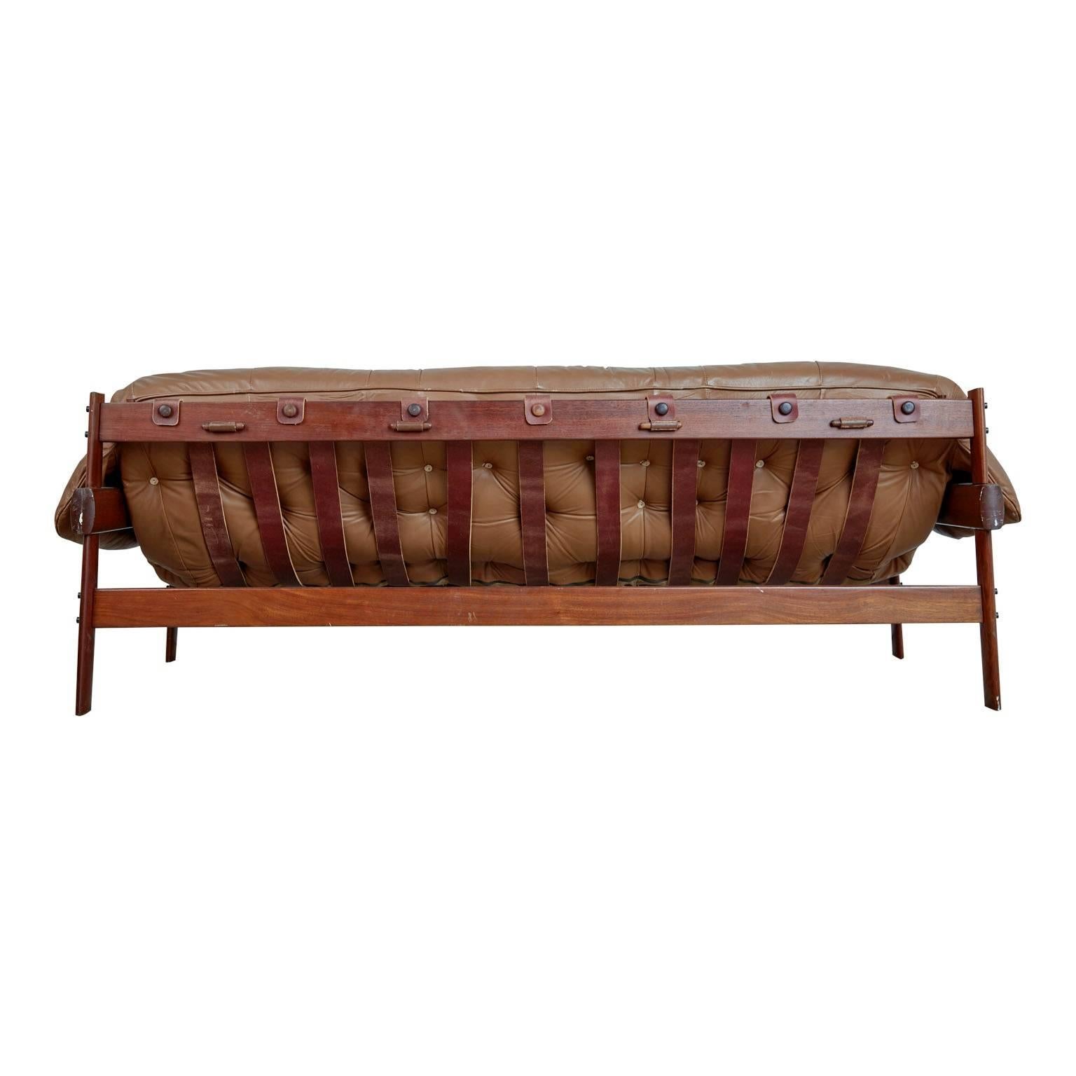 Brazilian Percival Lafer Rosewood and Distressed Leather Tufted Sofa, Brazil, circa 1960