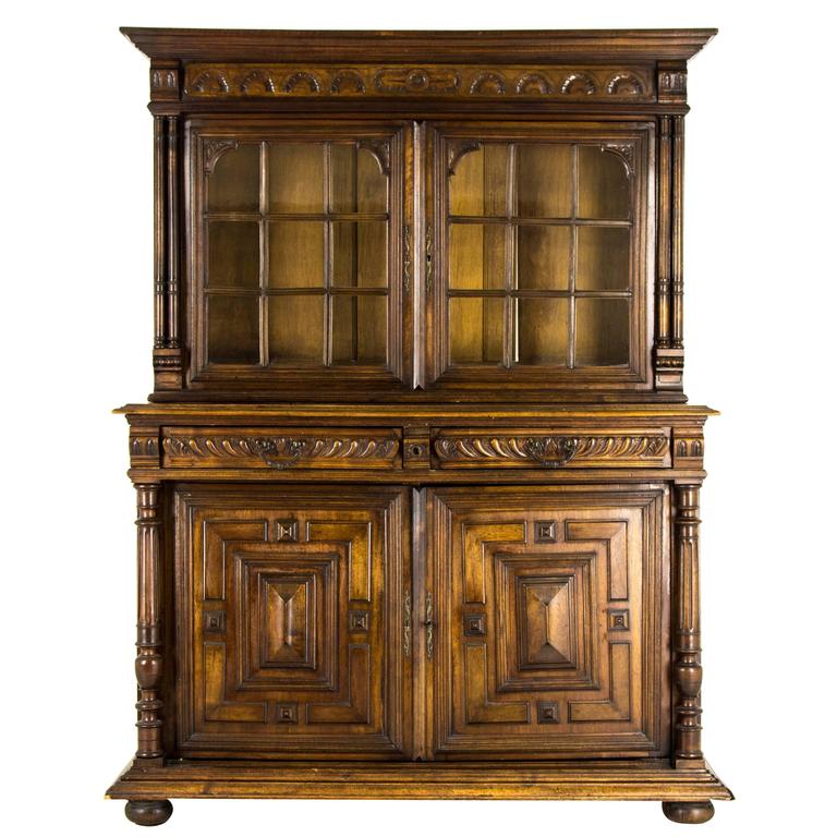 Antique French Hand-Carved Solid Walnut Buffet, Sideboard, Display Antique French Hand-Carved Solid Walnut Buffet, Sideboard, Display Cabinet For Sale - Antique French Hand-Carved Solid Walnut Buffet, Sideboard, Display