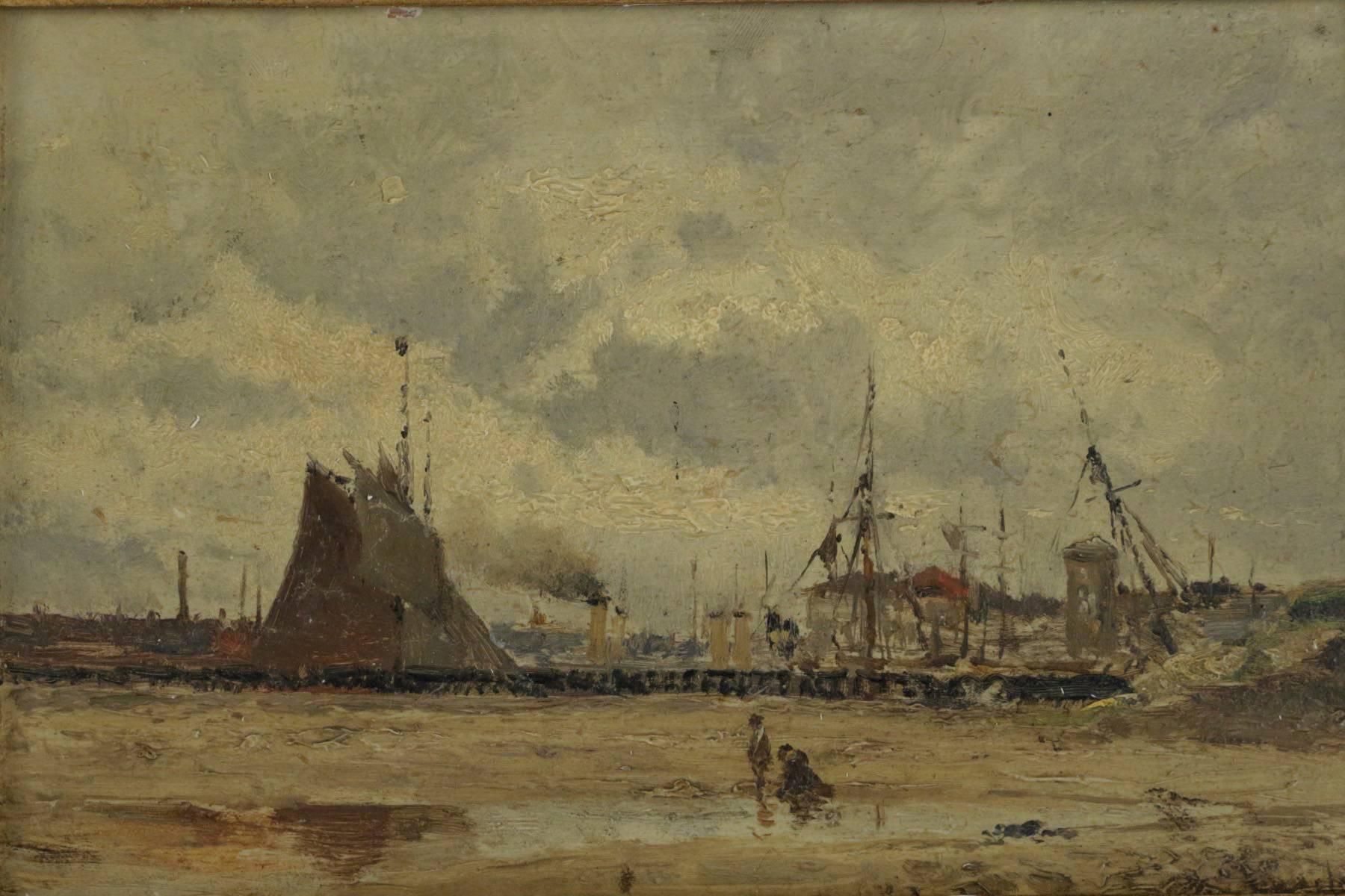 French Eugene Victor de Papeleu Mid-19th Century Oil on Pannel the Port, circa 1850