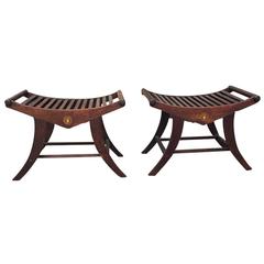 Pair of Slated Oak Benches with Inlaid Crest, circa 1900