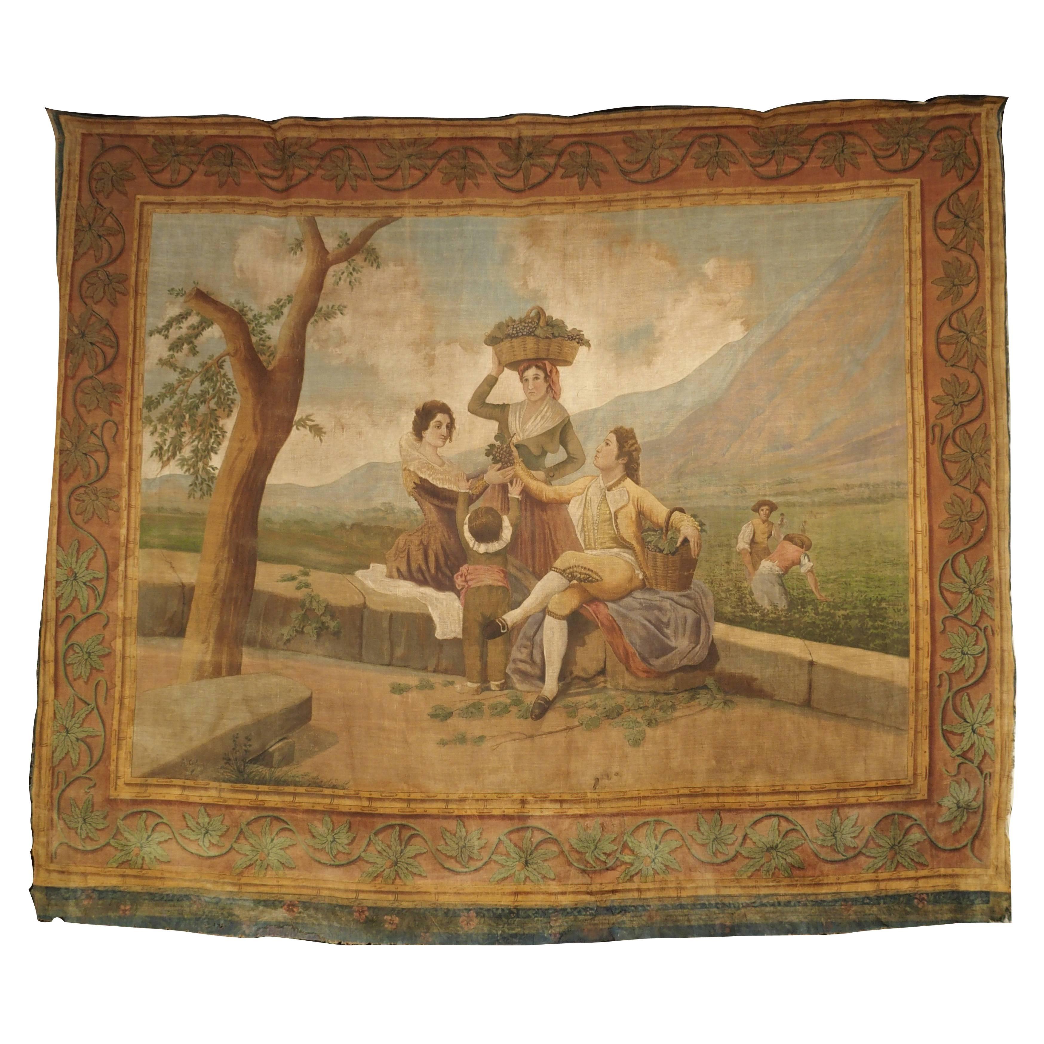 Large Antique Spanish Vineyard Painting on Canvas, "La Vendimia"