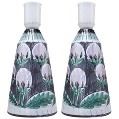 Pair of Alingsås Handmade Swedish Ceramic Lamps with Lilac Flowers, 1960s