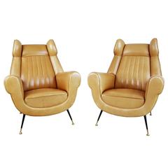 Rare Italian Ocher Leather Wingback Chairs with Brass Feet, Pair, circa 1960 10