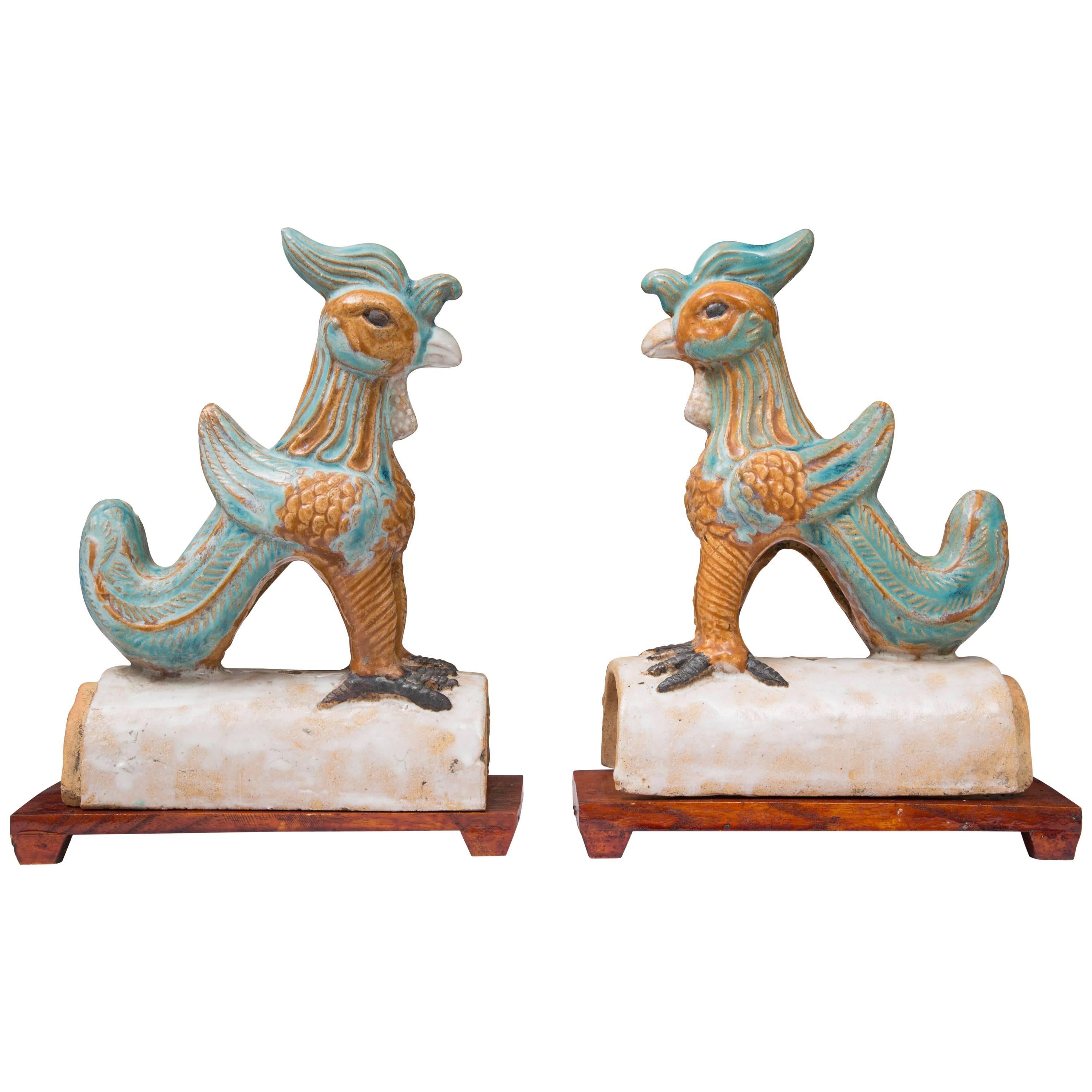 Pair of Chinese Glazed Terracotta Roof Tiles on Wood Stands
