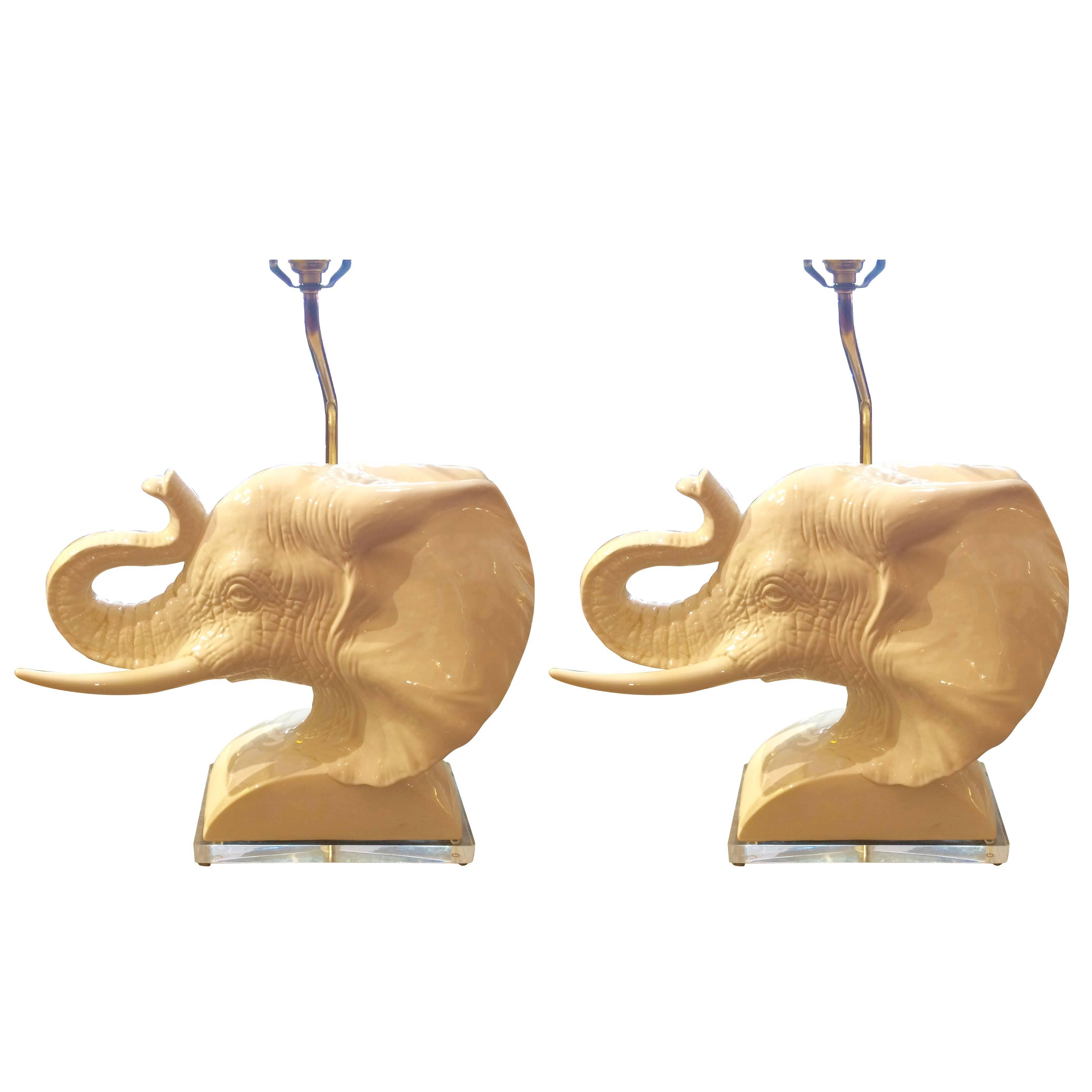 Pair of Sculptural Mid-Century Modern Ceramic Elephant Bust Table Lamps For Sale