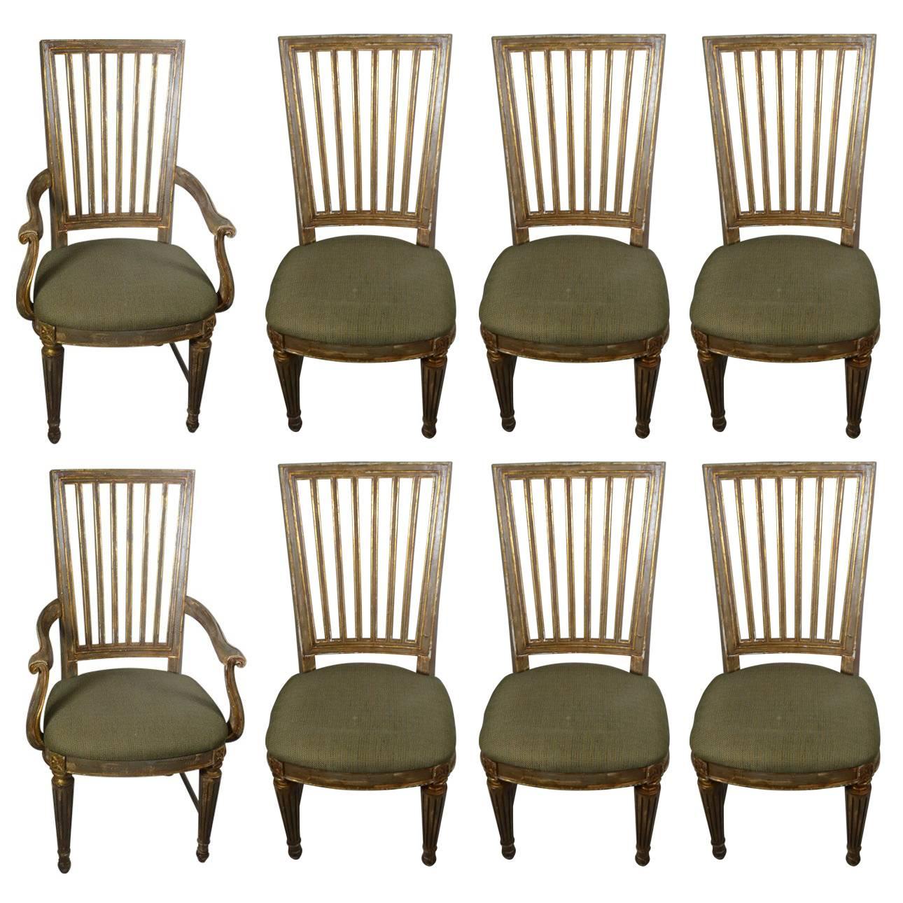 Suite of Eight Parcel-Gilt and Polychromed Dining Chairs For Sale