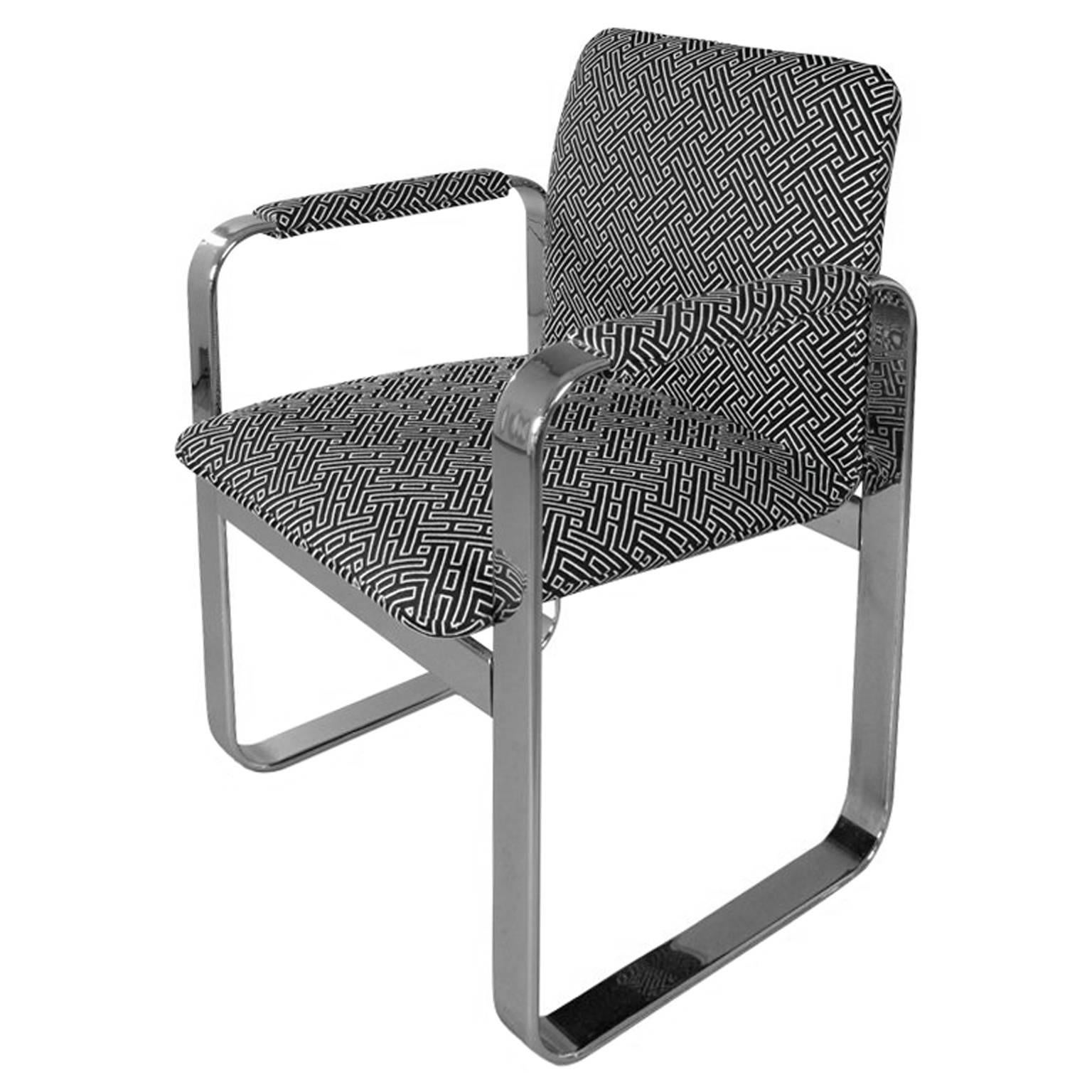 1970s Rounded Rectangular Chrome Armchair in Black & White Geometric Upholstery