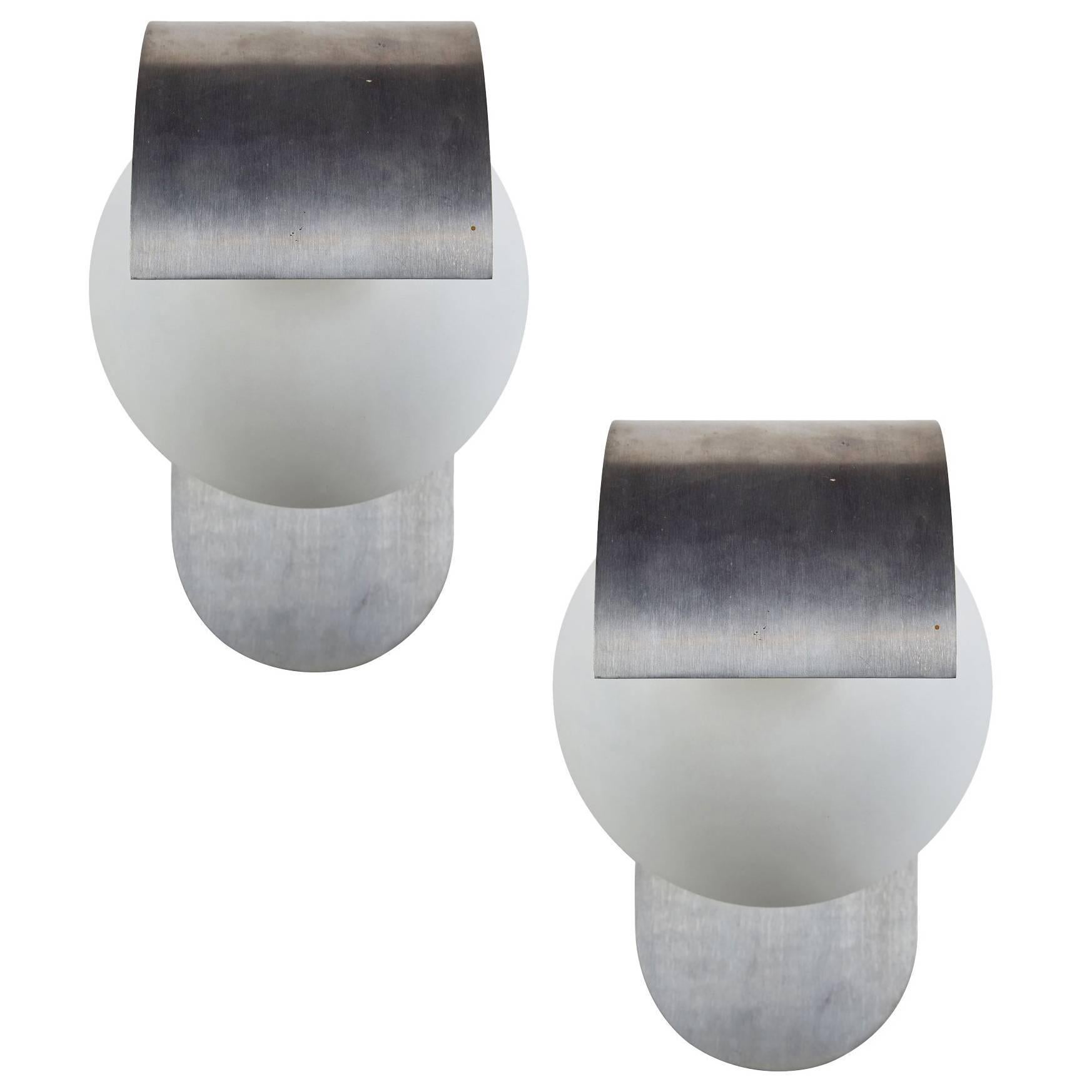 Pair of Brushed Aluminum and Satin Glass Sconces by Lumi