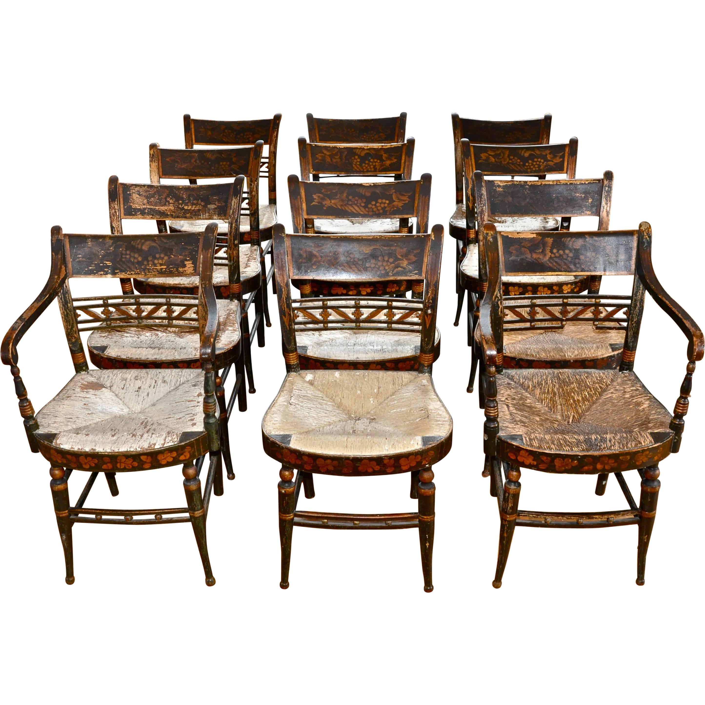 Rare Set of 12 Period Early 19th Century Sheraton Fancy Painted Dining Chairs