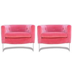 Modern Pair of Coral Pink Velvet Chrome Milo Baughman Barrel Back Lounge Chairs