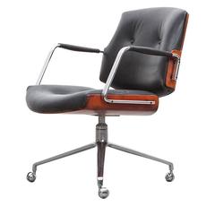 1960s Brown Wood and Black Leather Swivel Chair by Fabricius and Kastholm 'a'