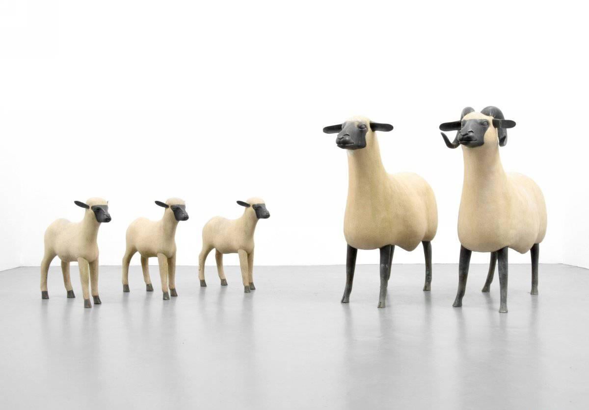 Sculptures by Francois-Xavier Lalanne (1927-2008). NOUVEAUX MOUTONS, the flock of five life-size sheep is comprised of one BREBIS (ewe, 1996, ed. 89/250); one BELIER (ram, 1997, ed. 68/250); and three AGNEAUX (lambs, 1996-1997, ed. 24/500, 36/500