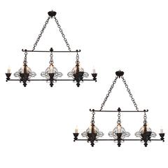 Pair of Italian Wrought Iron, Eight-Light Chandeliers, circa 1900, UL Wired