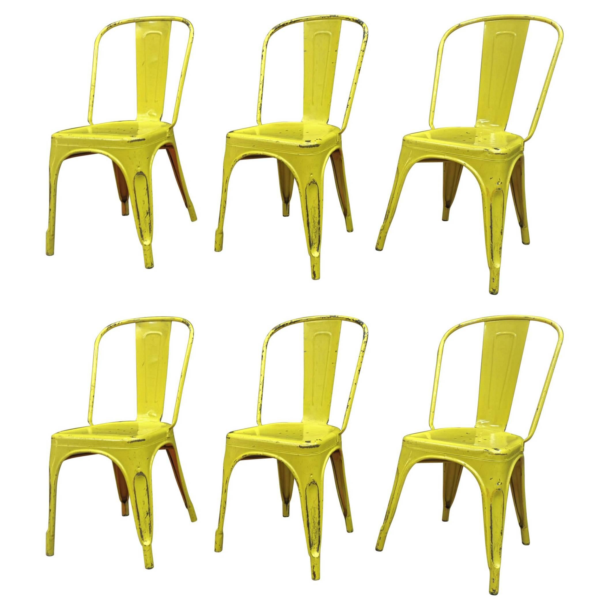 6 Vintage 1950 Tolix Chairs Yellow Patina