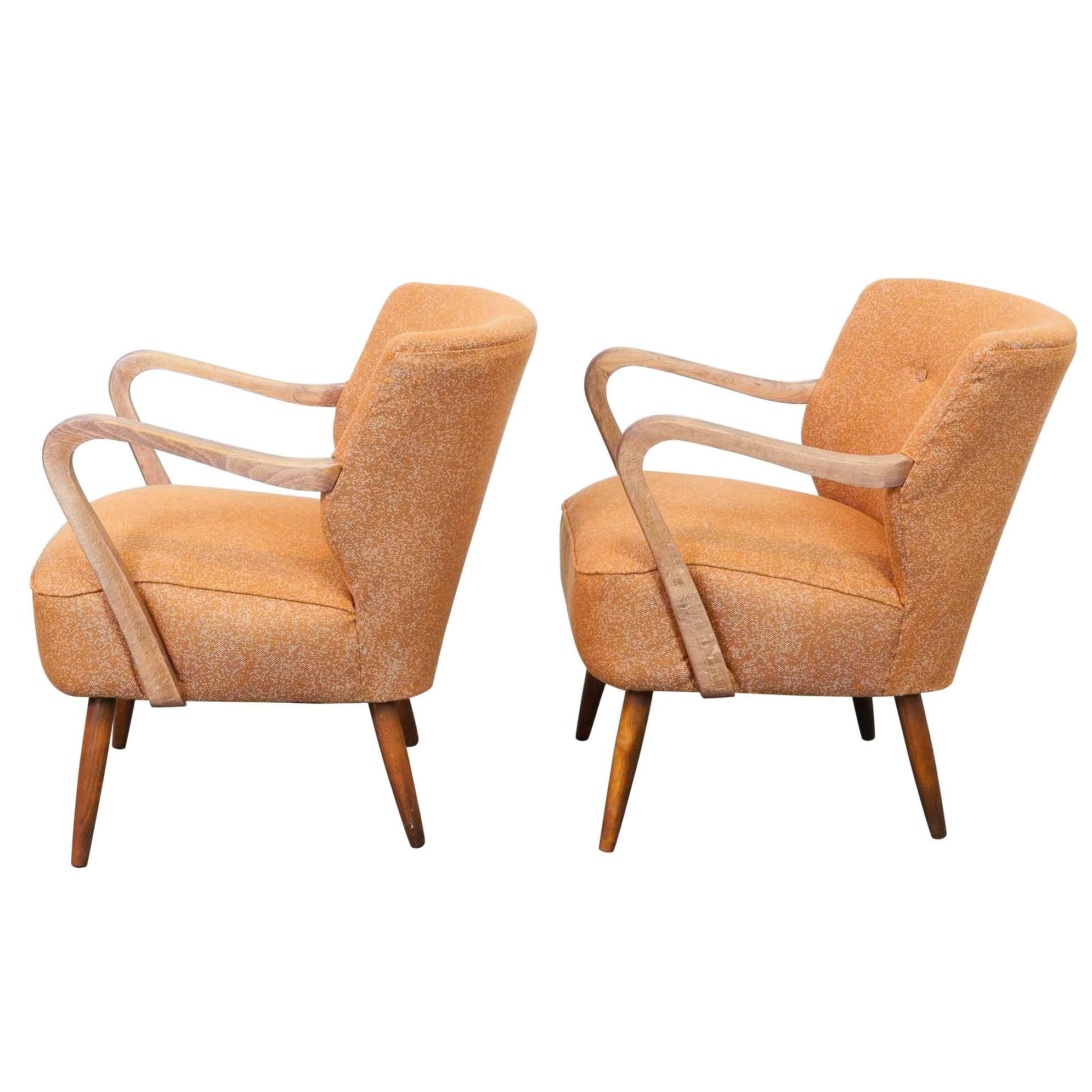 Pair of 1940s Vintage Midcentury Cocktail Chairs in Astro Orange Fabric
