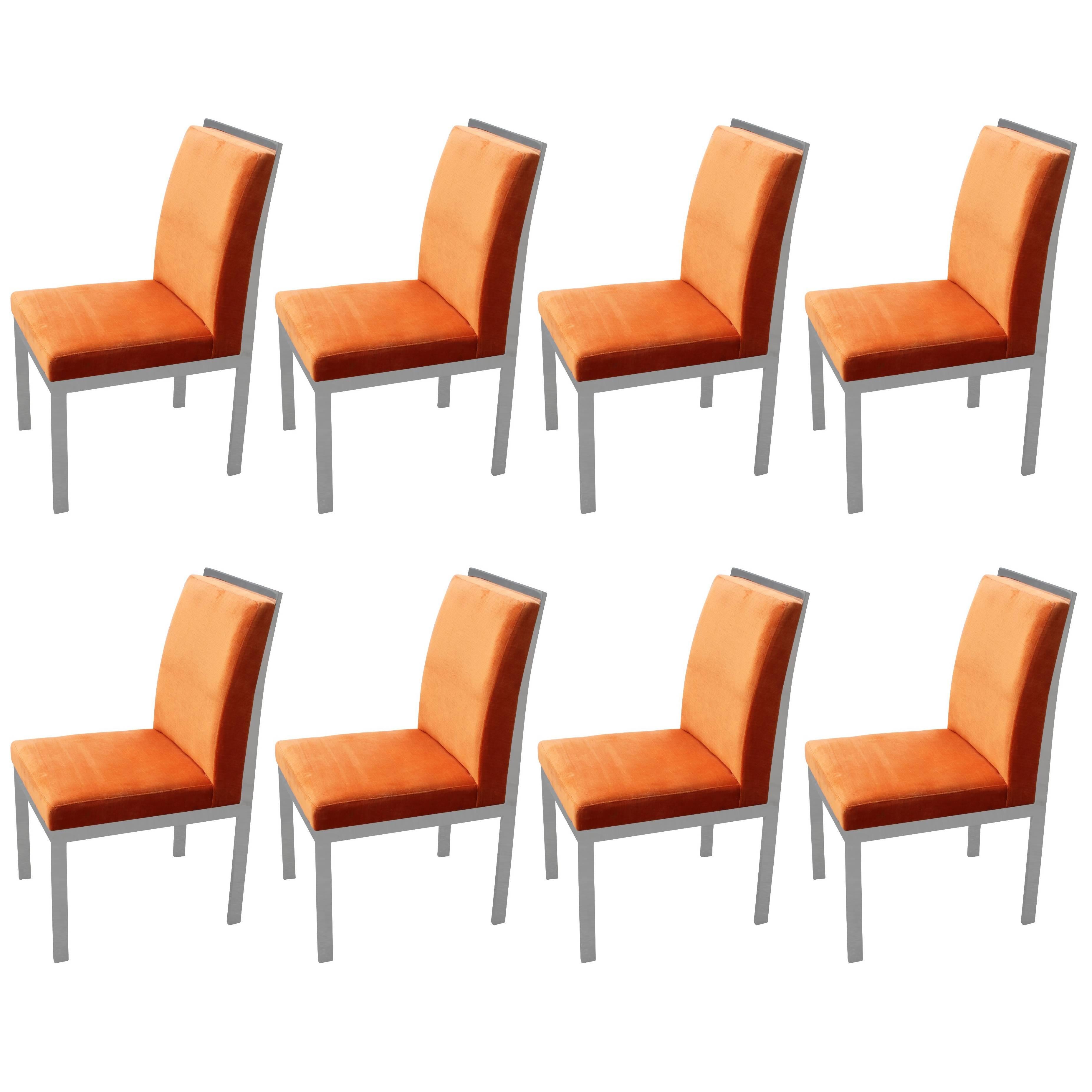 Set of Eight Modern Chrome Orange Velvet DIA Dining Chairs
