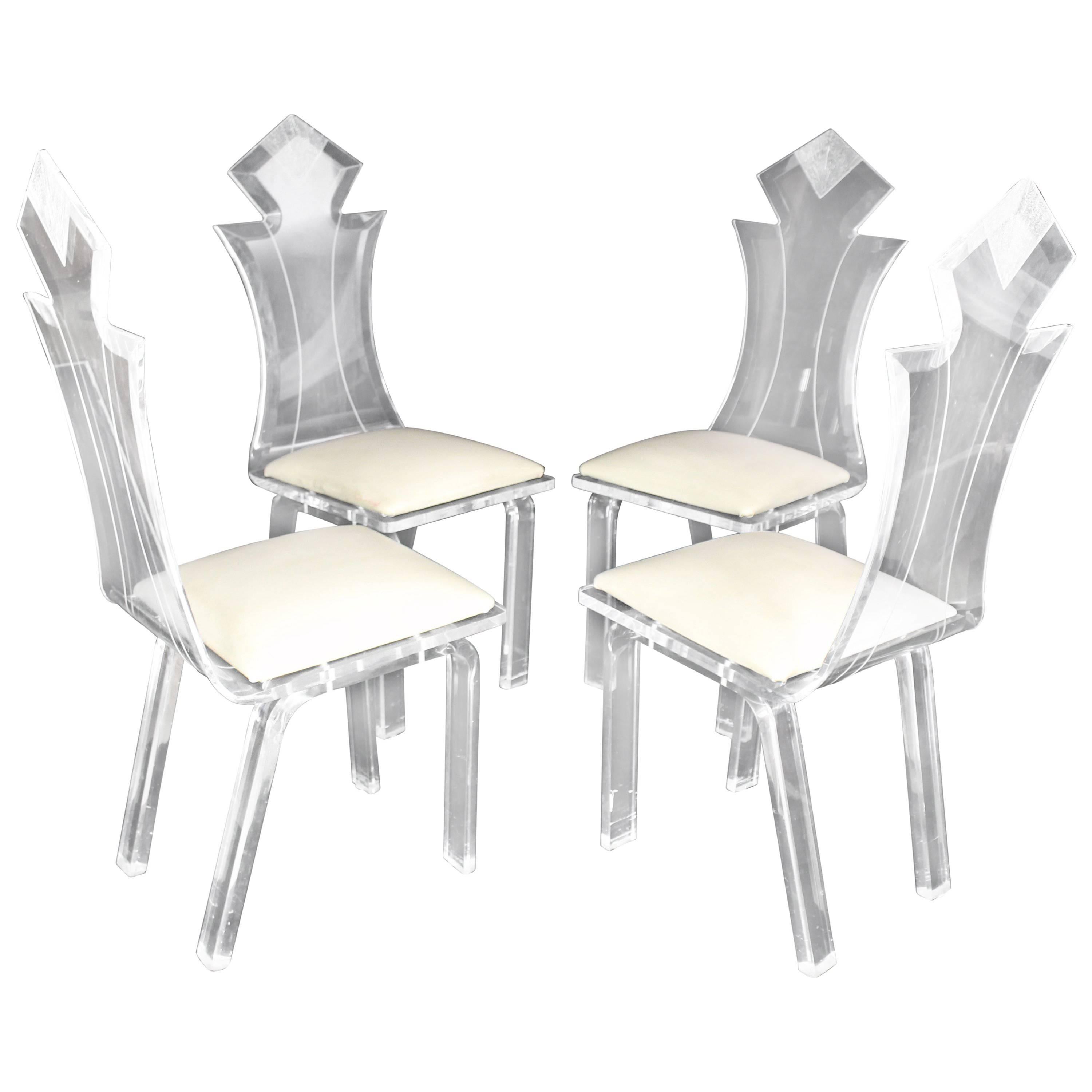 Set of Four Carved Bent Lucite Dining Chairs For Sale