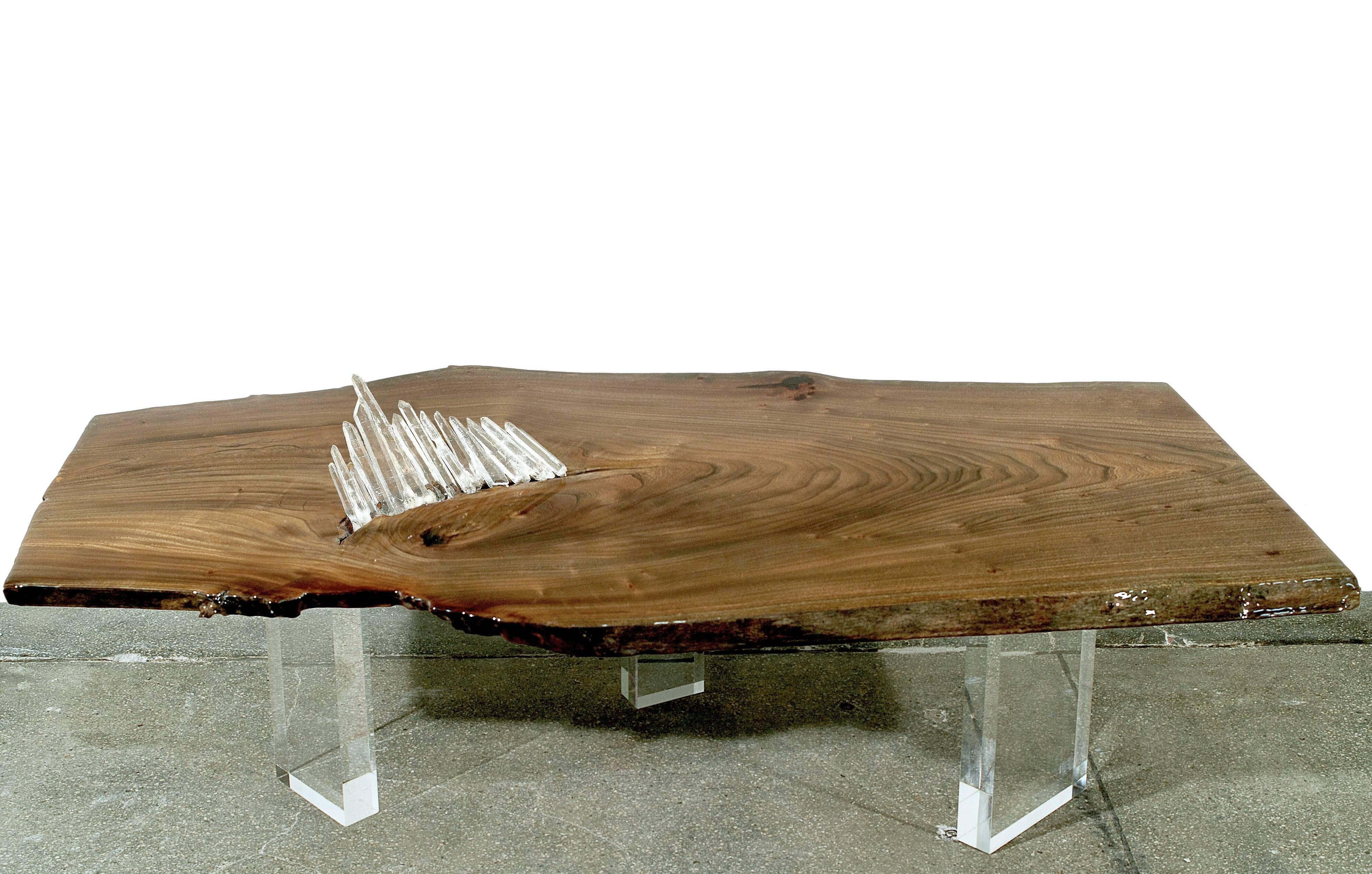 wood table with acrylic inlay