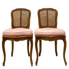 Mid-Century Pair Of French Style Carved Wood & Cane Chairs