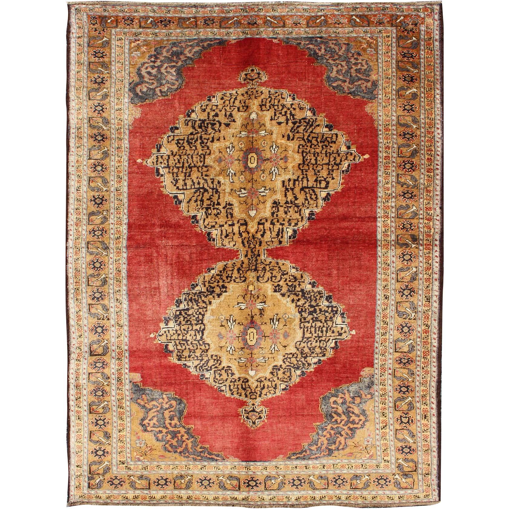 Antique Ottoman Design Turkish Rug with Double Medallion in Red, Gold, Navy Blue