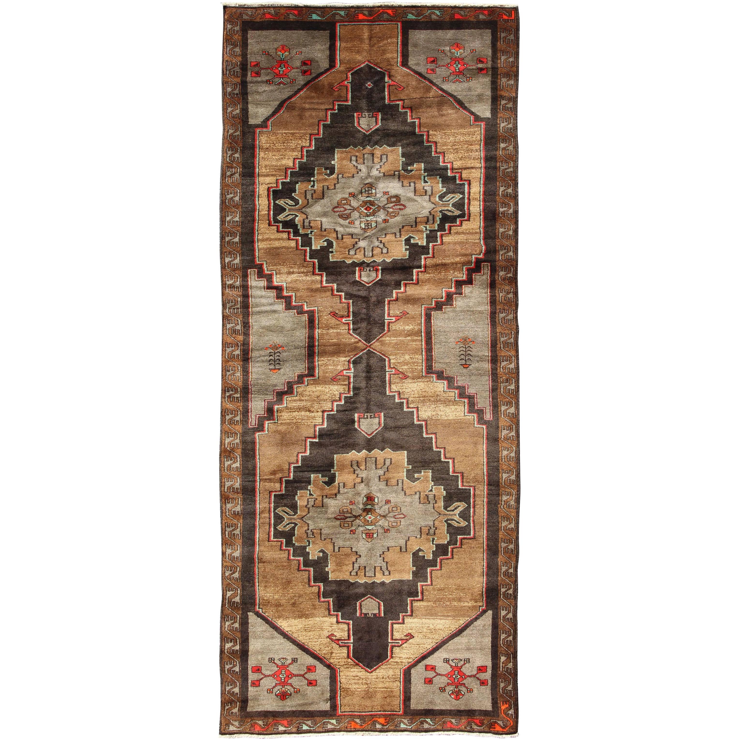 Vintage Turkish Gallery Runner in Gold, Brown, Taupe and Red Accents For Sale