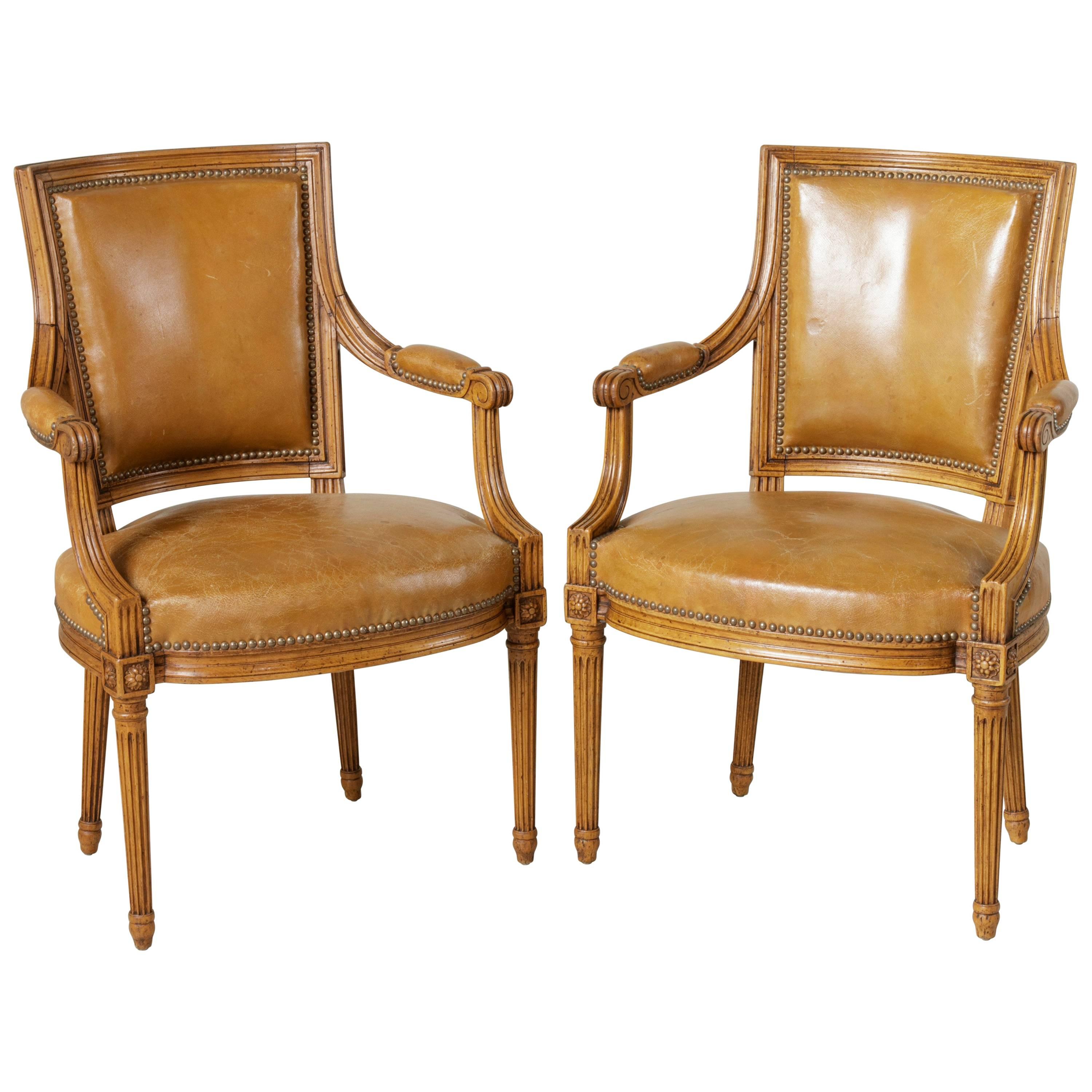 Mid-Century Pair of Louis XVI Style Beechwood Armchairs with Leather Upholstery
