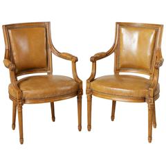 Mid-Century Pair of Louis XVI Style Beechwood Armchairs with Leather Upholstery