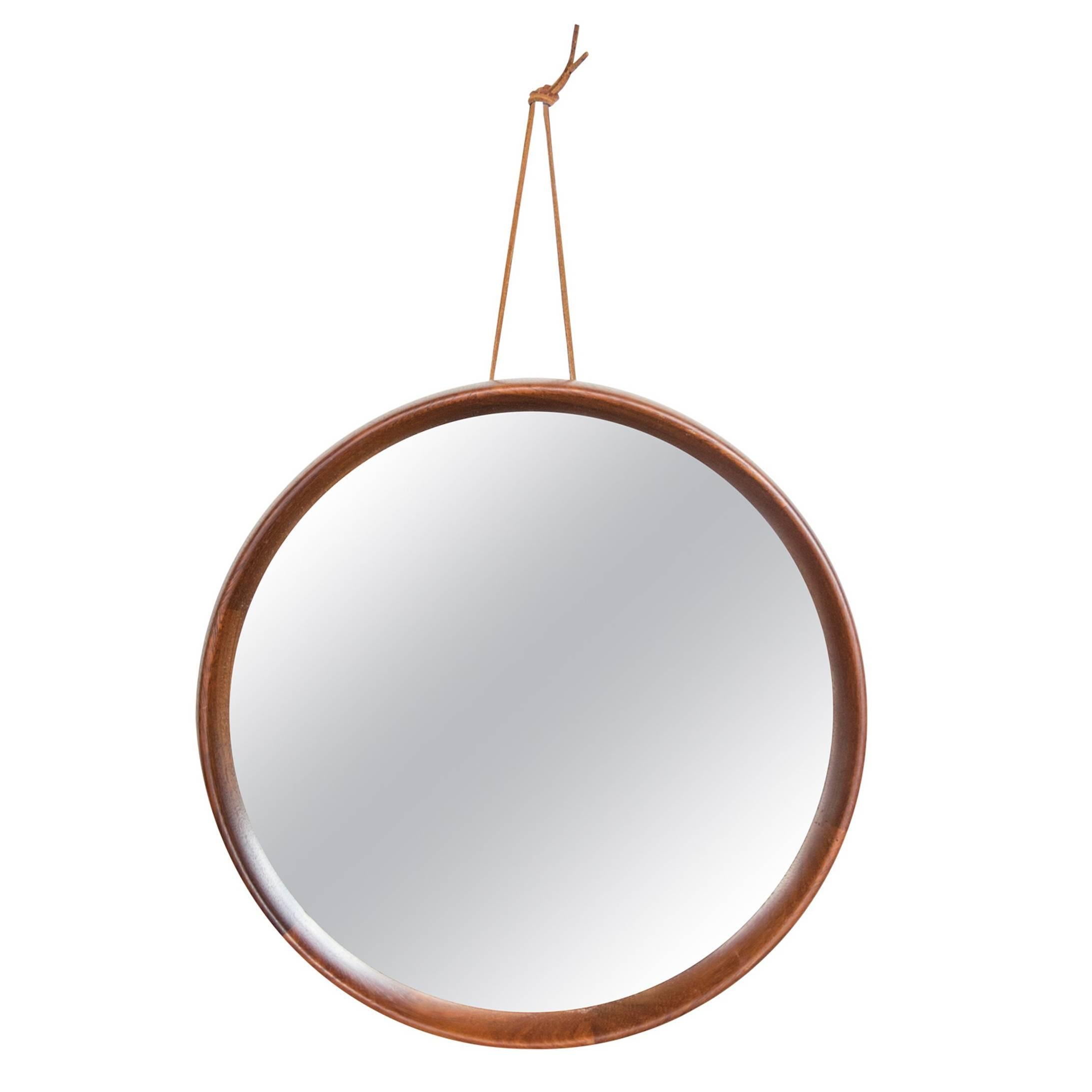 Vintage Round Rosewood Mirror with Leather Hanging Strap For Sale