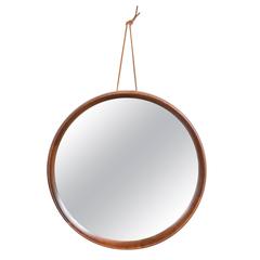 Vintage Round Rosewood Mirror with Leather Hanging Strap