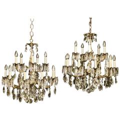 Italian Pair of Gilded Fifteen-Light Antique Chandeliers