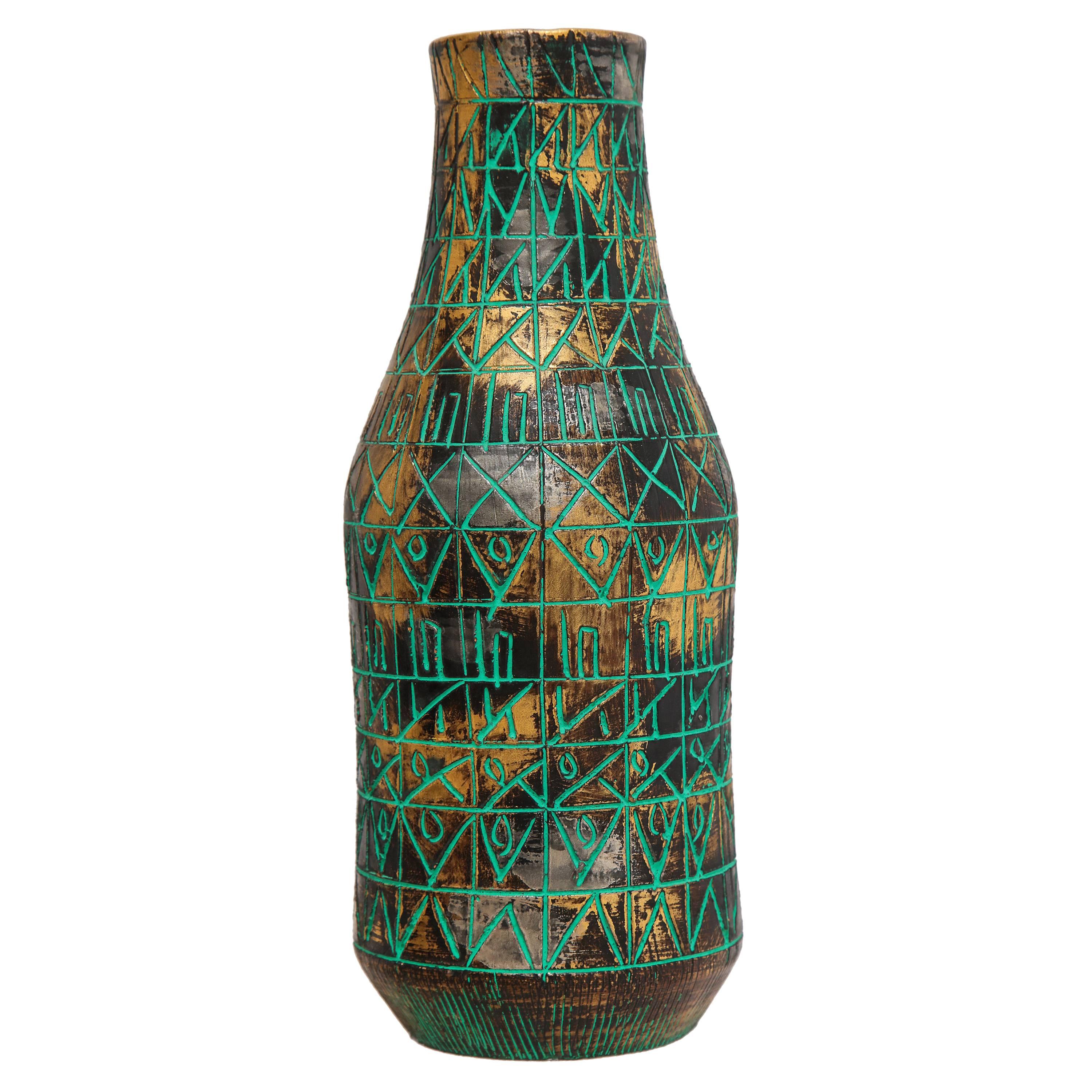 Mid-Century Modern Vase Raymor en céramiquea avec Sgraffito vert sur or et chrome, signé en vente