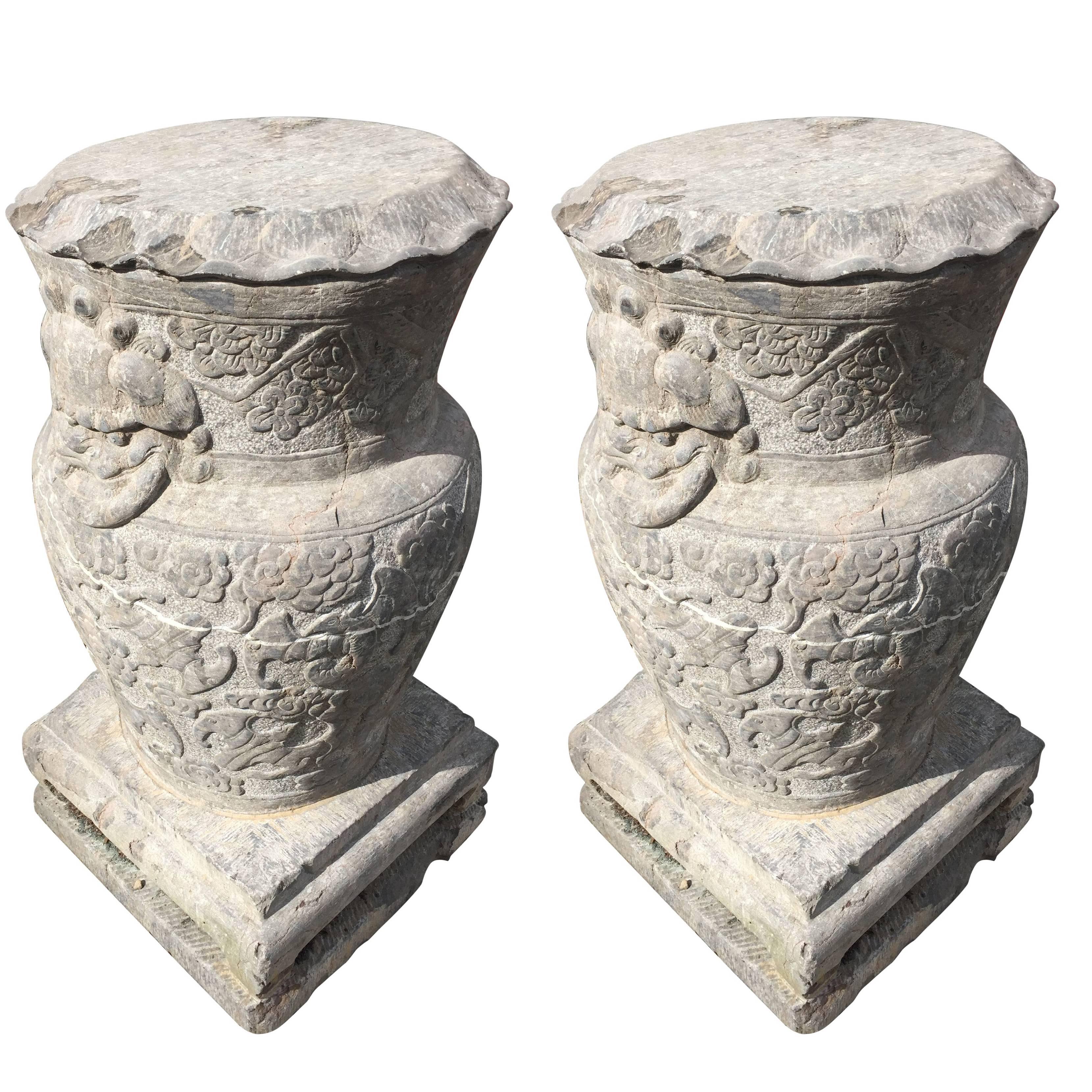 Chinese Pair Old  & tall  Stone Pedestal Display Bases fine details, 30" 
