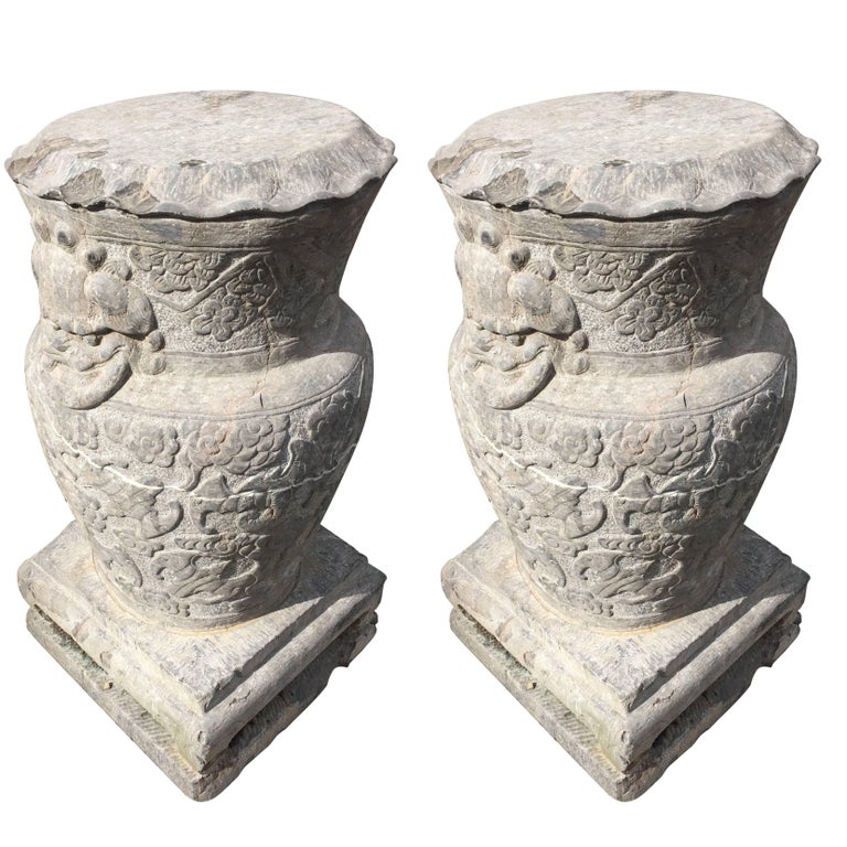 Chinese Pair Old and tall Stone Pedestal Display Bases fine details, 30