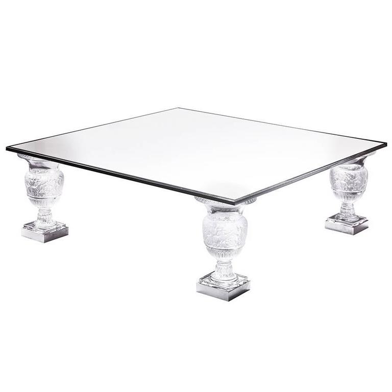 Lalique Crystal Coffee Table with Four Versaille Vase Feet For Sale