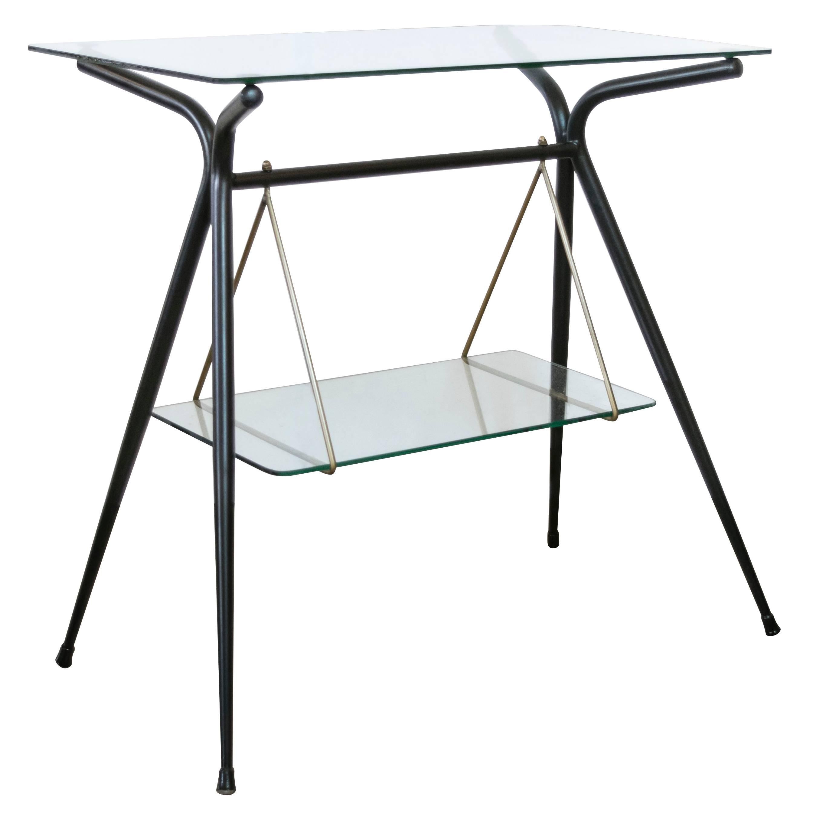 Italian Two-Tiered Side Table in Black Lacquer and Brass by Angelo Ostuni For Sale
