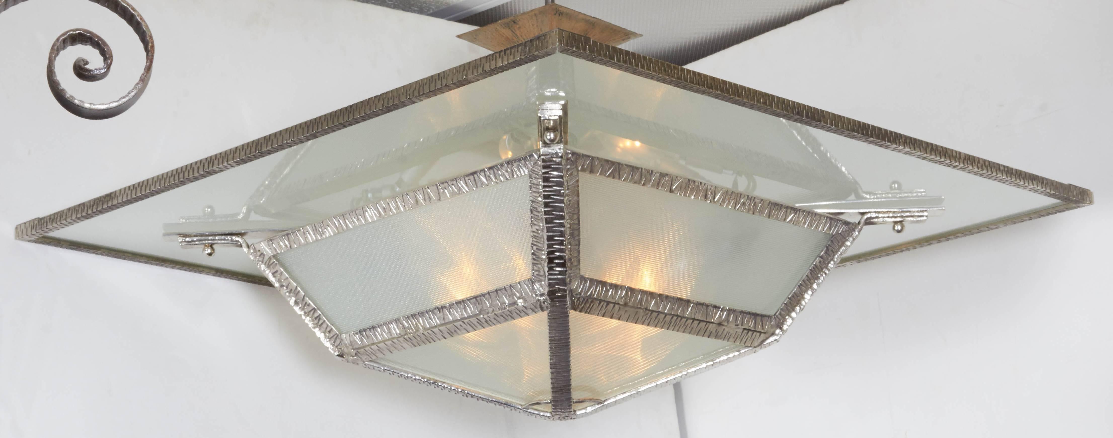 Pair or One Large French Art Deco Hammered Iron and Glass Square Chandelier 6