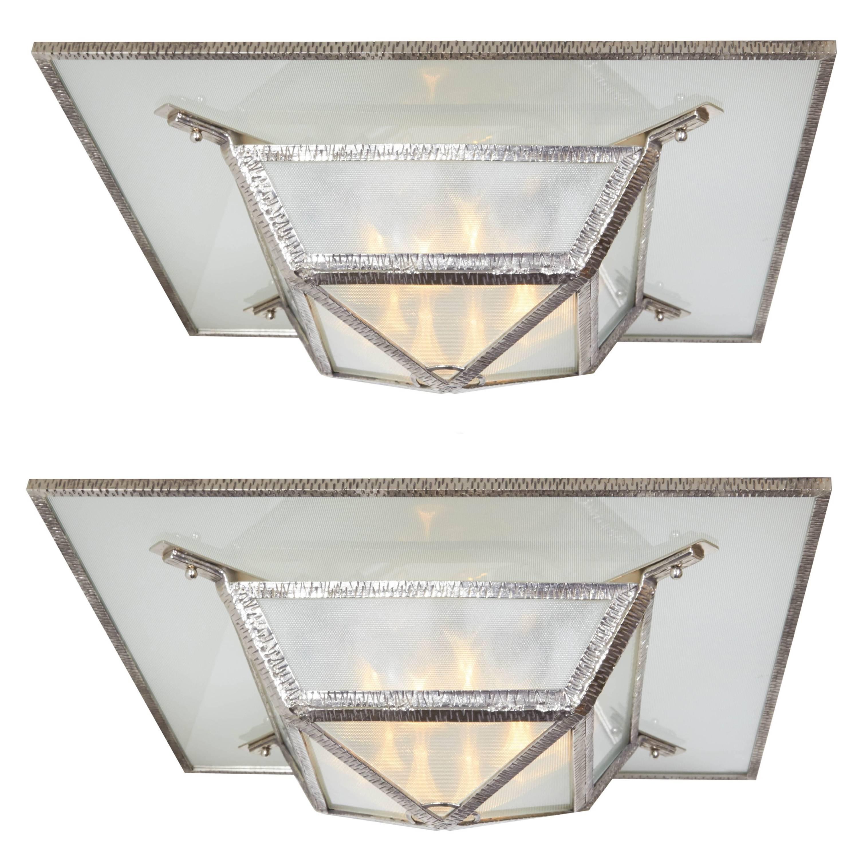 Pair or One Large French Art Deco Hammered Iron and Glass Square Chandelier