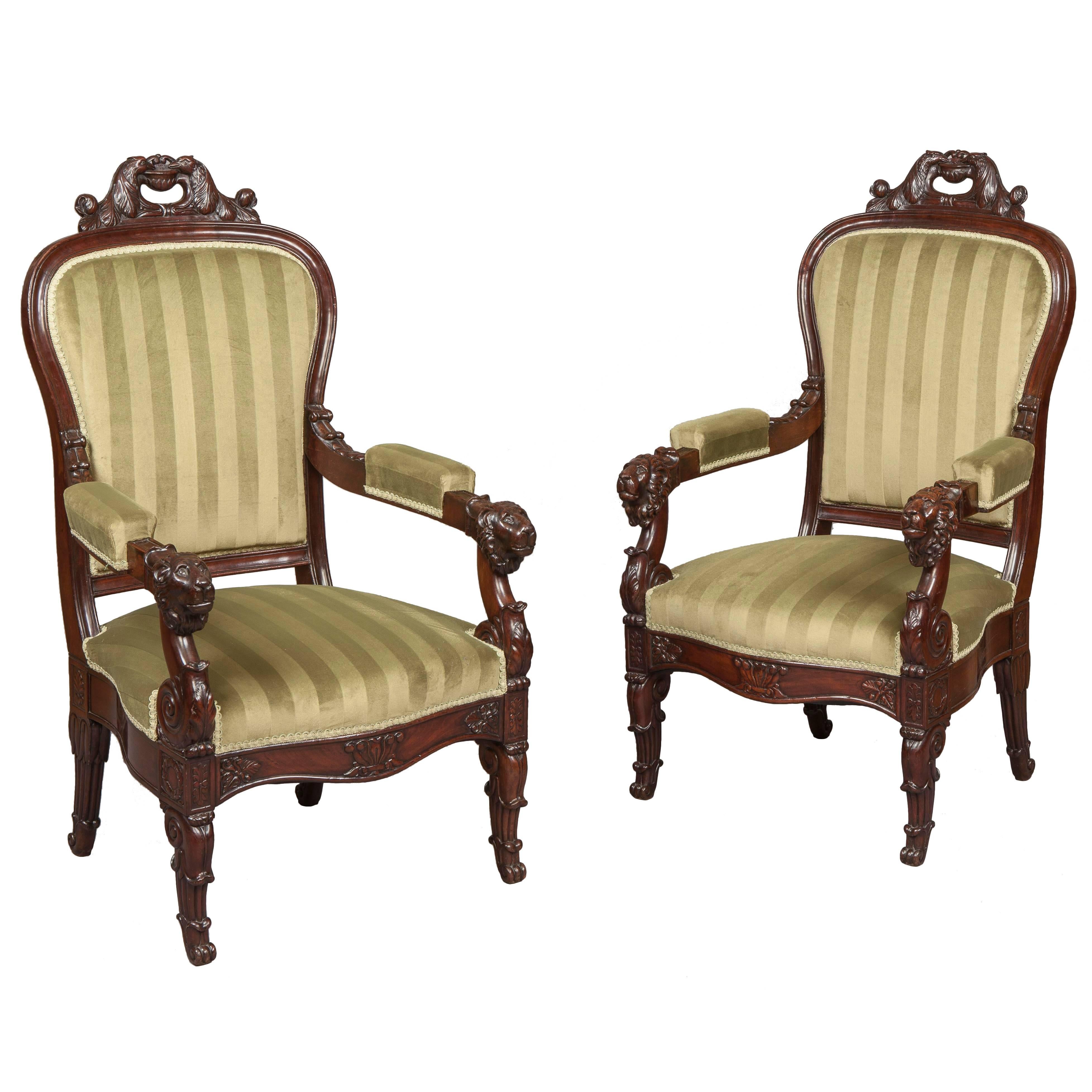 Pair of French Carved Mahogany Armchairs, 19th Century